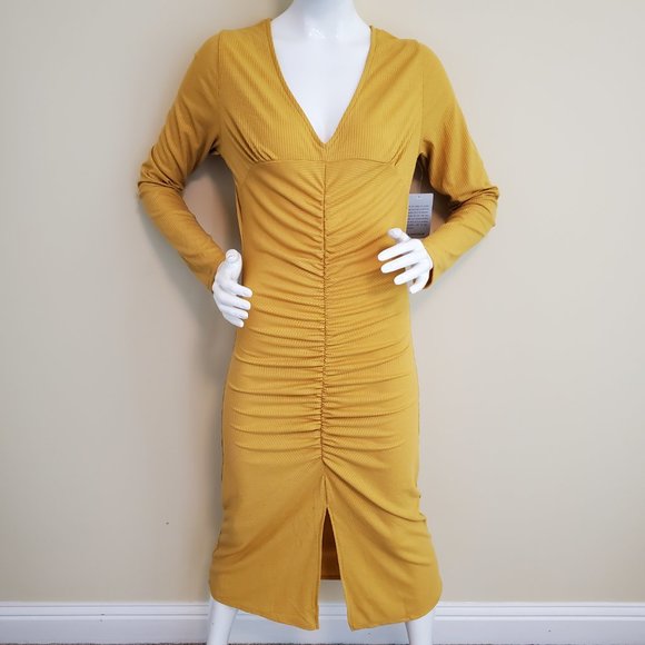 Velvet Torch Women's Mustard V-Neck Ribbed Knit Mid Dress SZ XL - Picture 3 of 11